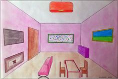 a drawing of a living room with pink walls