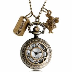 Alice In Wonderland Pocket Watch, Alice In Wonderland Rabbit, Rabbit Flower, Flower Watch, Pocket Watch Necklace, Fob Watch, Drink Me, Pocket Watch Chain, Pendant Watches