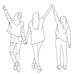 three women are walking and holding hands in the air, one is wearing a hoodie