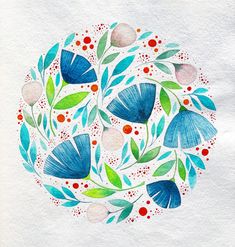 a watercolor painting of leaves and berries in a circle on white paper with red dots