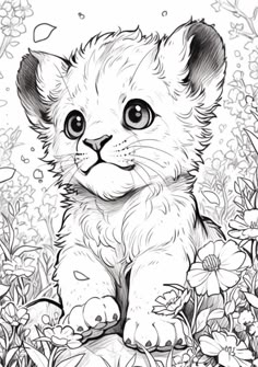 a black and white drawing of a kitten sitting in the grass with flowers around it