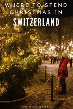 a christmas tree with the words where to spend christmas in switzerland on it's side