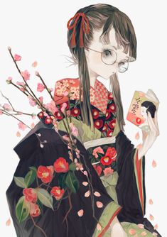 a woman with glasses holding a book in her hand and flowers on the other side