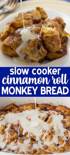 slow cooker cinnamon roll monkey bread with icing on top and in the middle