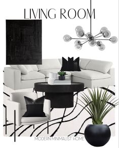 the living room is decorated in black and white