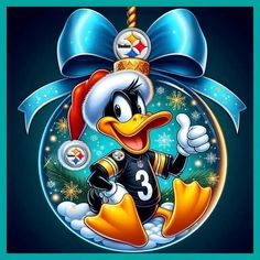 a cartoon duck wearing a santa hat and holding a christmas ornament with the number 3 on it