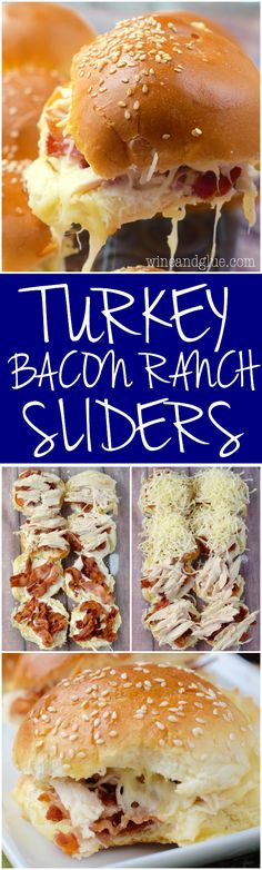 turkey bacon ranch sliders with cheese and sauces on the side are shown in this collage