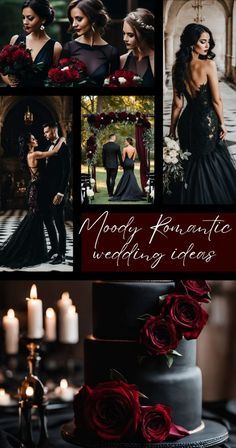 a collage of photos with red roses and black wedding gowns on top of a cake