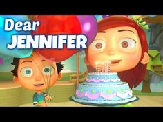 a cartoon character is blowing out candles on a birthday cake with the words dear amelia