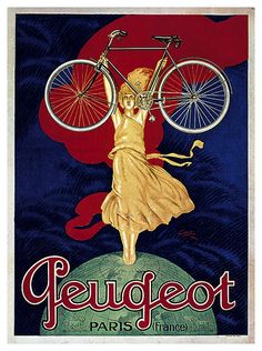 a woman holding a bicycle on top of her head with the words peuget paris france