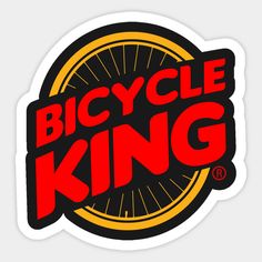 the bicycle king logo is shown in red, yellow and black on a white background