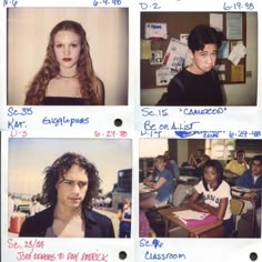 four different pictures of young people with long hair and wearing black shirts, sitting at desks