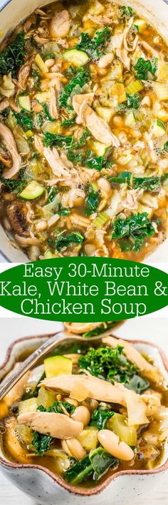 chicken and white bean soup with spinach in a bowl on the side, next to an image of broccoli