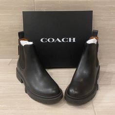 Coach Black Leather Lyden Booties **Brand New All Original Packing, Only Worn To Try On Leather Upper Man-Made Leather Lining And Footbed Rubber Outsole Pull On Shaft: 4 3/4" Height, 9 3/4" Circumference 3/4" Heel Coach Bootie, Casual Chelsea Boots With Branded Insole And Almond Toe, Casual Chelsea Boots With Round Toe, Cushioned Closed Toe Boots For Work, Cushioned Closed Toe Work Boots, Workwear Boots With Cushioned Footbed, Fall Chelsea Ankle Boots With Branded Insole, Coach Ankle-high Casual Boots, Coach Casual Ankle-high Boots