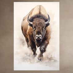 a painting of a bison running through the dust