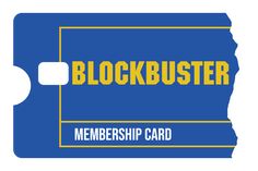 a blue and yellow card with the words, blockbuster on it's side