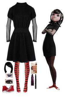 a woman in black dress and striped tights with her arms crossed next to a mannequin