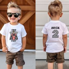 two photos of a little boy wearing sunglasses and t - shirt with the words heck 2 fast on it