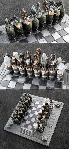 the chess board is made out of metal pieces