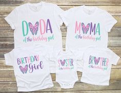 three shirts with the words, doa and birthday girl on them