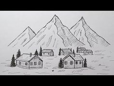 a drawing of some houses in the mountains