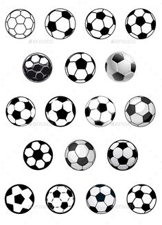 soccer balls in different positions and sizes, all black and white on a white background