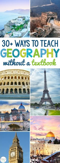 the cover of 30 ways to teach geography without a textbook, with pictures of different buildings