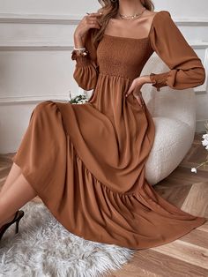 Brown Boho  Long Sleeve Polyester Plain A Line  Non-Stretch Spring/Fall Women Dresses Creating Business, Bodice Dress, Rust Dress, Ruffle Hem Dress, Ruffled Maxi Dress, Women Long Dresses, Brown Dress, Maxi Dress With Sleeves, Hem Dress