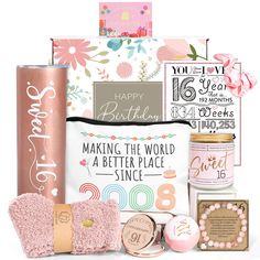 the happy birthday gift hamper is packed with pink and gold items, including cookies, candy