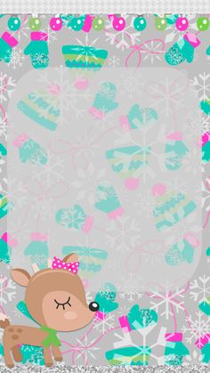 a christmas card with a cute deer and snowflakes on the bottom, in front of a gray background