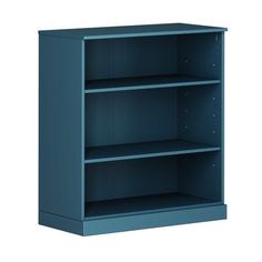 a blue bookcase with three shelves on the bottom and one shelf in the middle