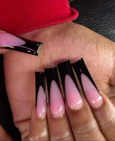 Long Nails Black French, Black French Tip Nails Pink Base, Black French Tip Nails Long, Pink And Black French Tip, Long Black Nail Ideas, Long Square French Tip Nails, Pink French Tip Acrylic Nails