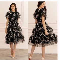 Brand New, With Tags. Black Knee-length Floral Dress For Garden Party, Chic Knee-length Midi Dress With Floral Embroidery, Chic Knee-length Floral Embroidery Midi Dress, Elegant Black Floral Dress For Spring, Chic Black Midi Dress With Floral Embroidery, Feminine Black Midi Dress With Ruffles, Chic Black Midi Dress For Garden Party, Black Midi Dress For Garden Party, Elegant Black Midi Dress For Garden Party