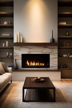 a living room with a couch, coffee table and fire place in front of the fireplace