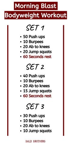 the morning blast bodyweight workout plan is shown in red and white, with instructions for each