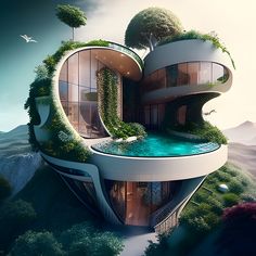 an unusual house with trees growing out of it's sides and water in the middle