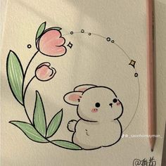 a drawing of a little bunny holding a flower