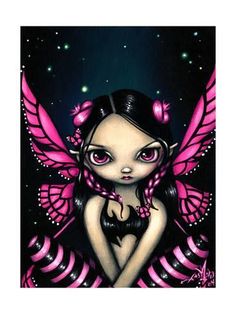 a digital painting of a fairy girl with pink wings on her body and dark background