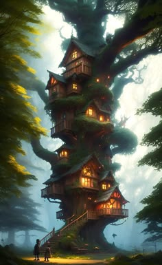 a tall tree house in the middle of a forest with lots of trees around it