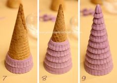 three different pictures of cones made out of paper