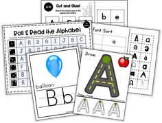 four different alphabets and numbers with pictures on them, including an apple, letter a,