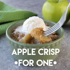 an apple crisp for one is in a green bowl