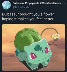 an image of a cartoon character with the caption'bulbasar brought you a flower, hoping it makes you feel better '