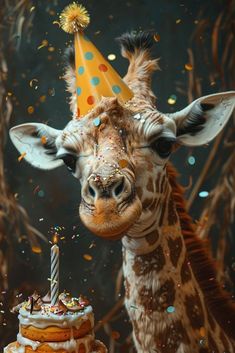 a giraffe standing next to a birthday cake