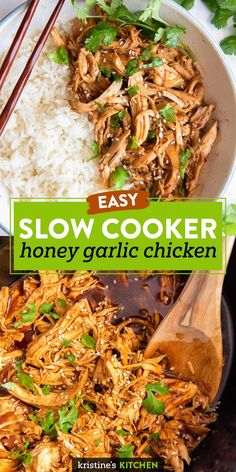 easy slow cooker honey garlic chicken in a bowl with rice and chopsticks