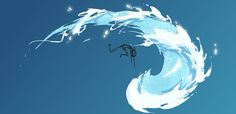 an animated image of a person riding a wave