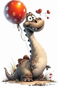 a cartoon dinosaur holding a red balloon