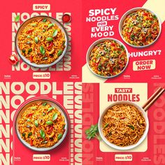 the menu for noodle noodles is shown in three different positions