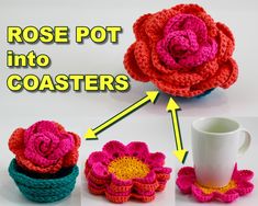 crochet rose pot holder and coasters with coffee cup in the middle, on white background