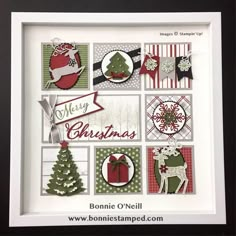 a christmas card in a white frame with red and green decorations on the bottom half